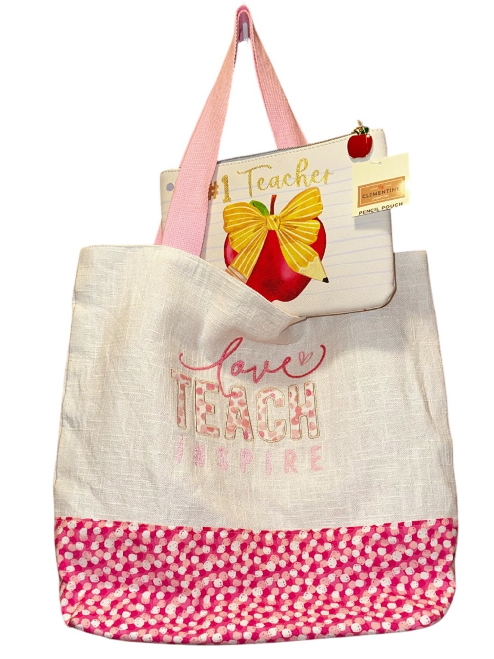 Teacher Bundle Love Teach Inspire Tote with Pink Polka Dot Trim And Pencil Pouch